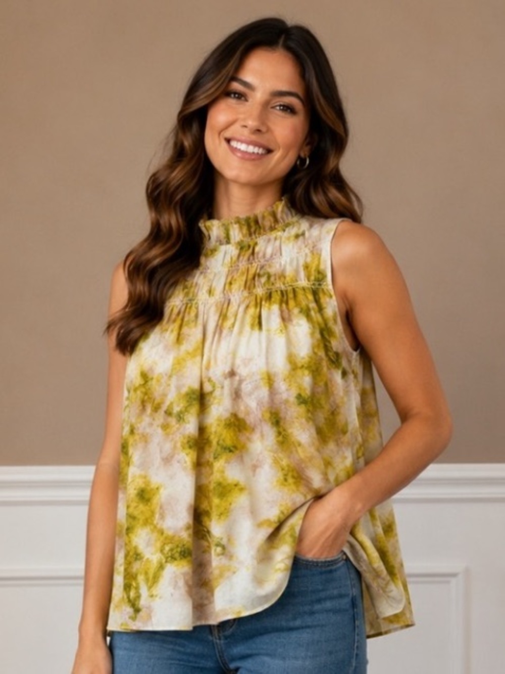 Joie Fern 100% Silk Abstract Floral Mock Neck Sleeveless Blouse XS